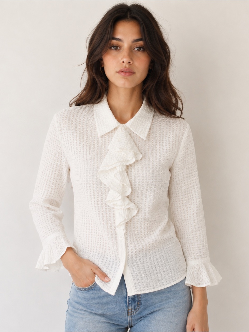Vintage Anne Klein Silk White Ruffled Women's Blouse
